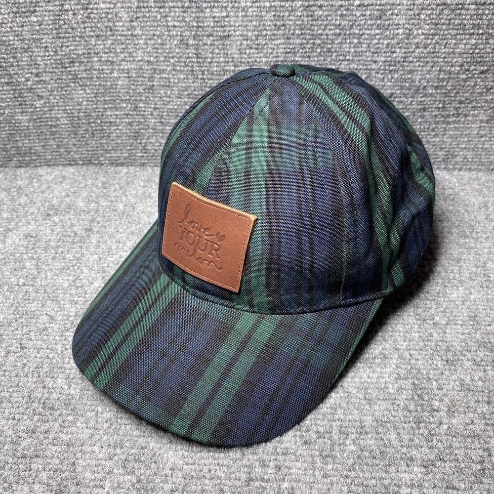 Love Your Melon Hat Cap Strap Back Green Navy Plaid Leather Patch Mens Made USA